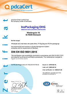 Certificate of the standard DIN EN ISO 9001:2015